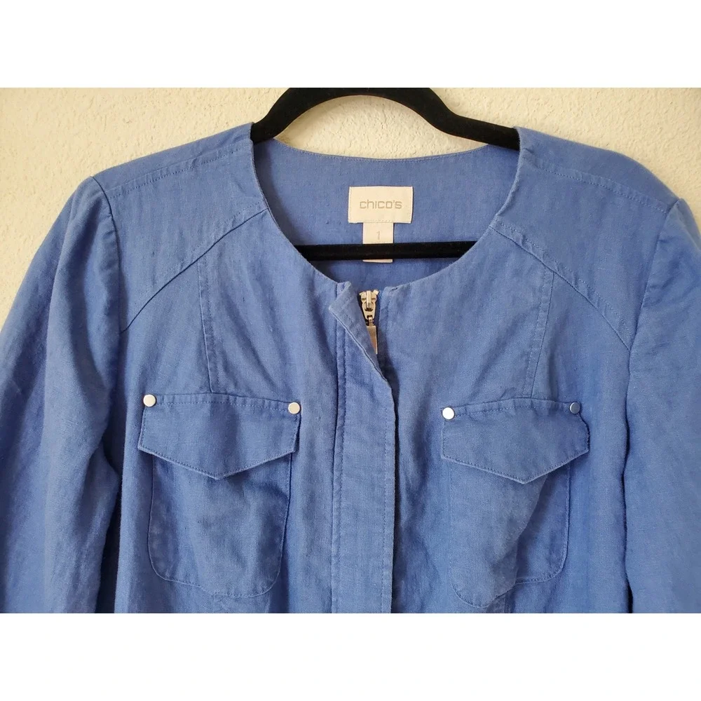 Chico's 1 Blue 100% Linen Jacket Collarless Zip Front‎ 3/4 Sleeve Medium